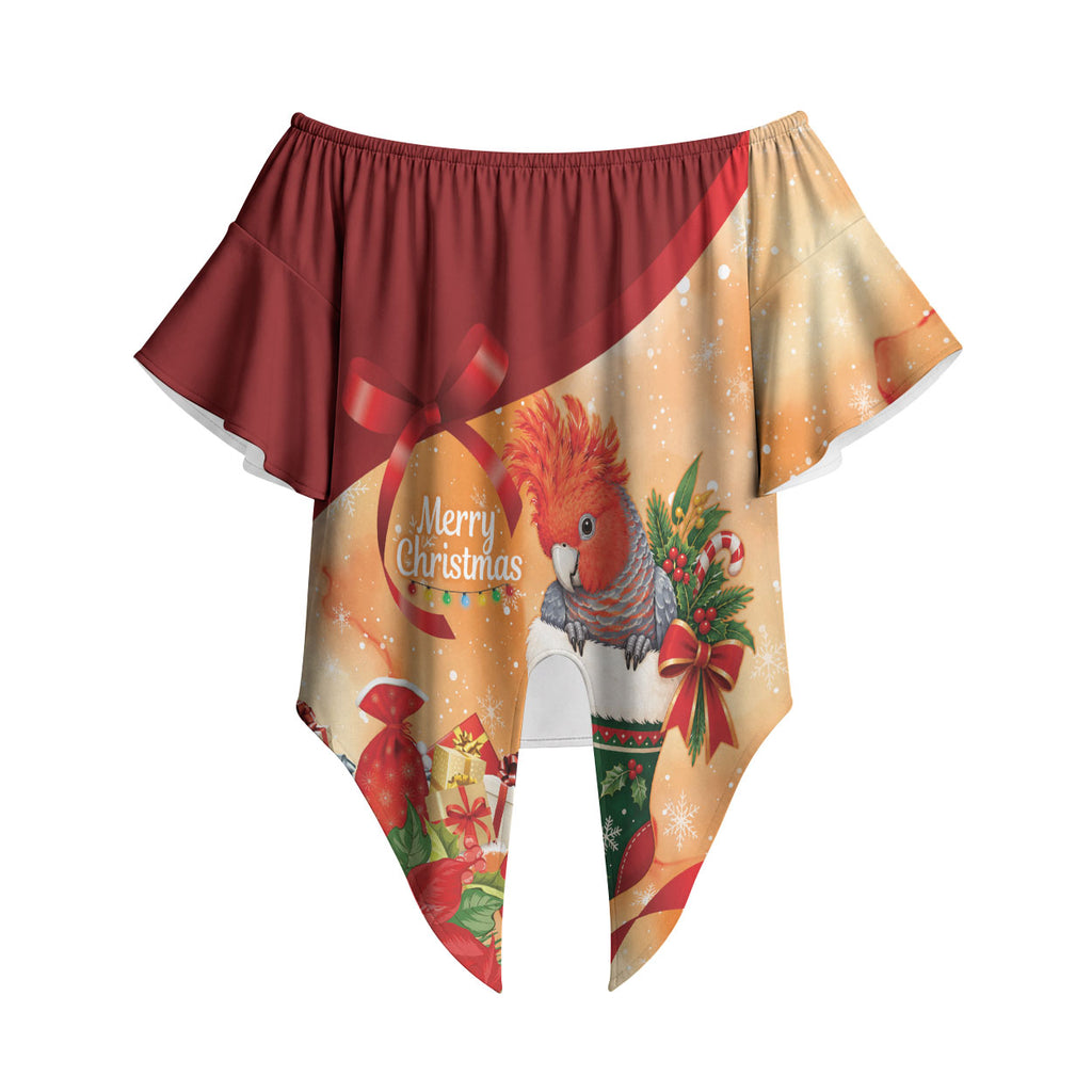 Gang-gang Cockatoo Christmas Australia Off Shoulder Wrap Waist Top Aussie Xmas Sock Coquette Bow