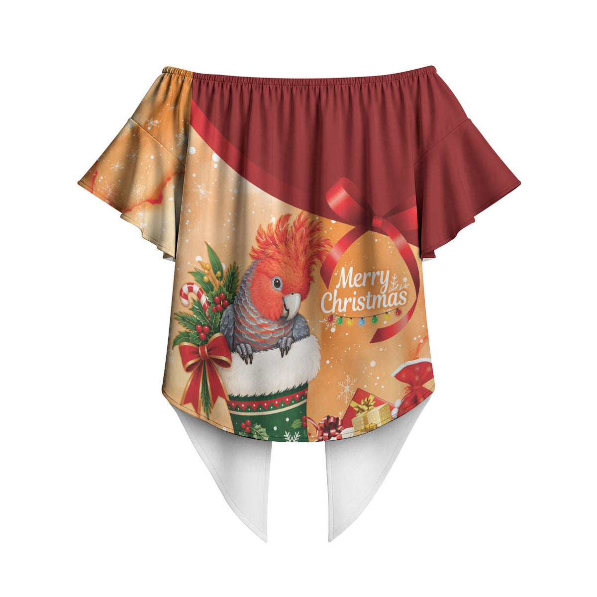 Gang-gang Cockatoo Christmas Australia Off Shoulder Wrap Waist Top Aussie Xmas Sock Coquette Bow