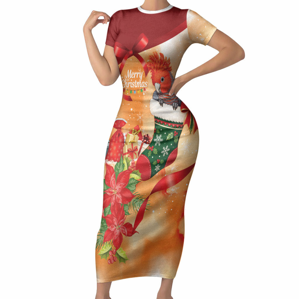 Gang-gang Cockatoo Christmas Australia Short Sleeve Bodycon Dress Aussie Xmas Sock Coquette Bow