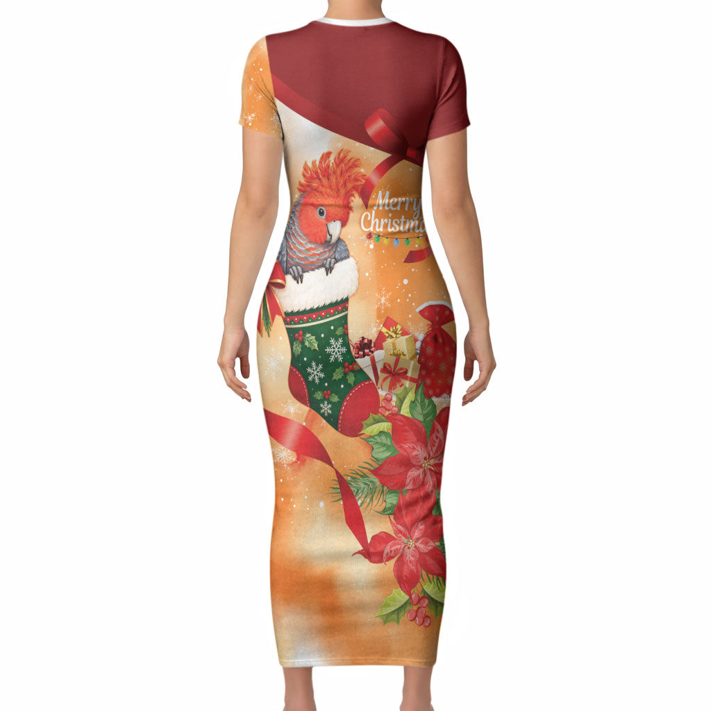 Gang-gang Cockatoo Christmas Australia Short Sleeve Bodycon Dress Aussie Xmas Sock Coquette Bow