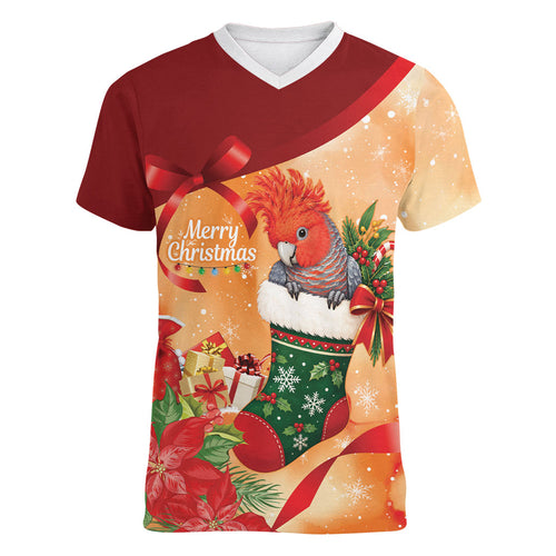 Gang-gang Cockatoo Christmas Australia Women V-Neck T-Shirt Aussie Xmas Sock Coquette Bow