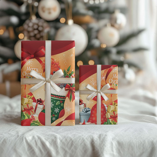 Gang-gang Cockatoo Christmas Australia Wrapping Paper Aussie Xmas Sock Coquette Bow