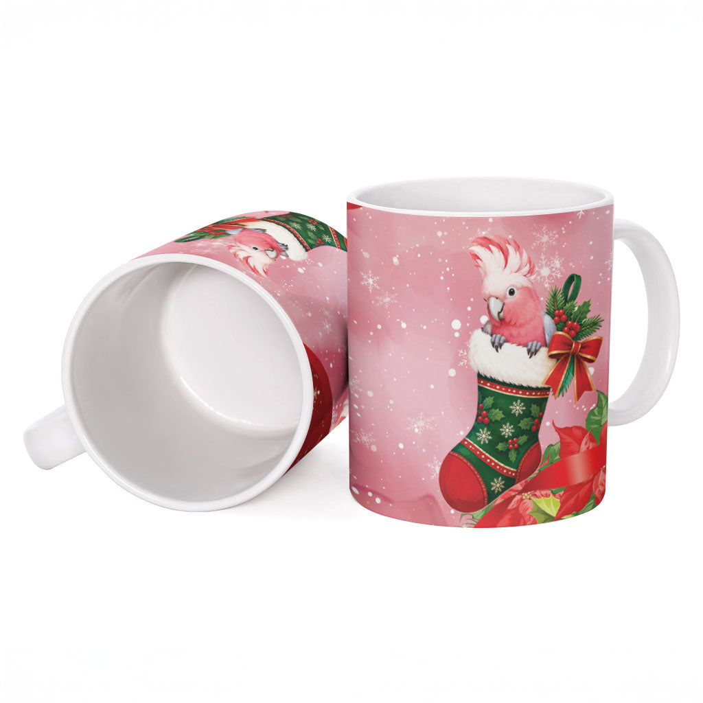Pink Galah Cockatoo Christmas Australia Ceramic Mug Aussie Xmas Sock Coquette Bow