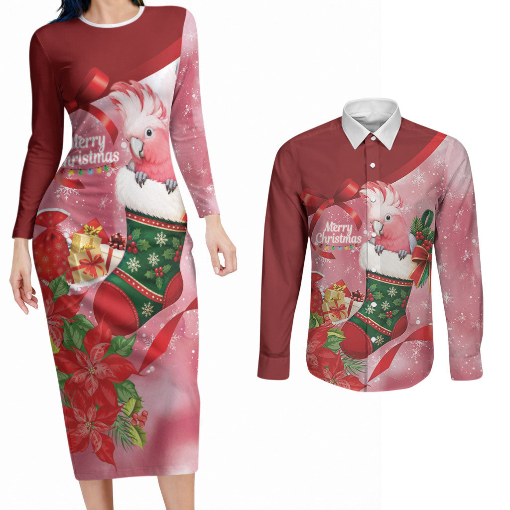 Pink Galah Cockatoo Christmas Australia Couples Matching Long Sleeve Bodycon Dress and Long Sleeve Button Shirt Aussie Xmas Sock Coquette Bow
