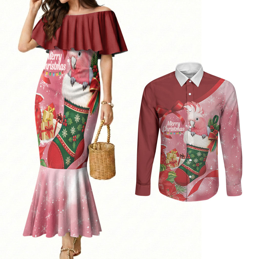 Pink Galah Cockatoo Christmas Australia Couples Matching Mermaid Dress and Long Sleeve Button Shirt Aussie Xmas Sock Coquette Bow