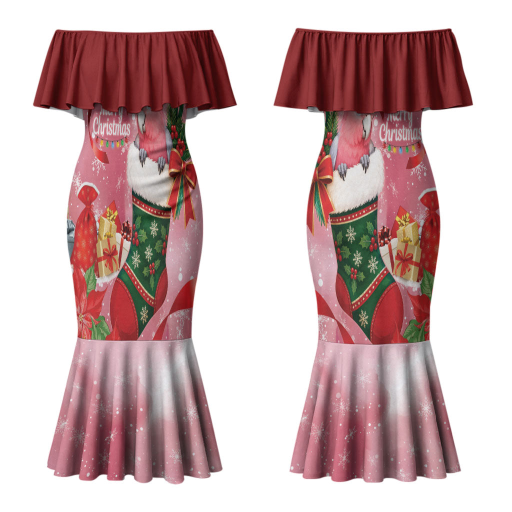 Pink Galah Cockatoo Christmas Australia Couples Matching Mermaid Dress and Long Sleeve Button Shirt Aussie Xmas Sock Coquette Bow