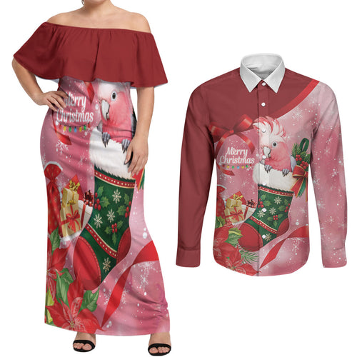 Pink Galah Cockatoo Christmas Australia Couples Matching Off Shoulder Maxi Dress and Long Sleeve Button Shirt Aussie Xmas Sock Coquette Bow