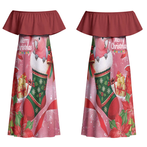 Pink Galah Cockatoo Christmas Australia Couples Matching Off Shoulder Maxi Dress and Long Sleeve Button Shirt Aussie Xmas Sock Coquette Bow