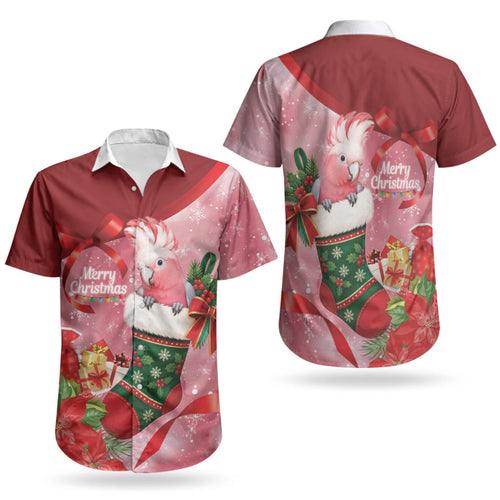 Pink Galah Cockatoo Christmas Australia Couples Matching Off Shoulder Short Dress and Hawaiian Shirt Aussie Xmas Sock Coquette Bow