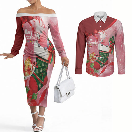 Pink Galah Cockatoo Christmas Australia Couples Matching Off The Shoulder Long Sleeve Dress and Long Sleeve Button Shirt Aussie Xmas Sock Coquette Bow