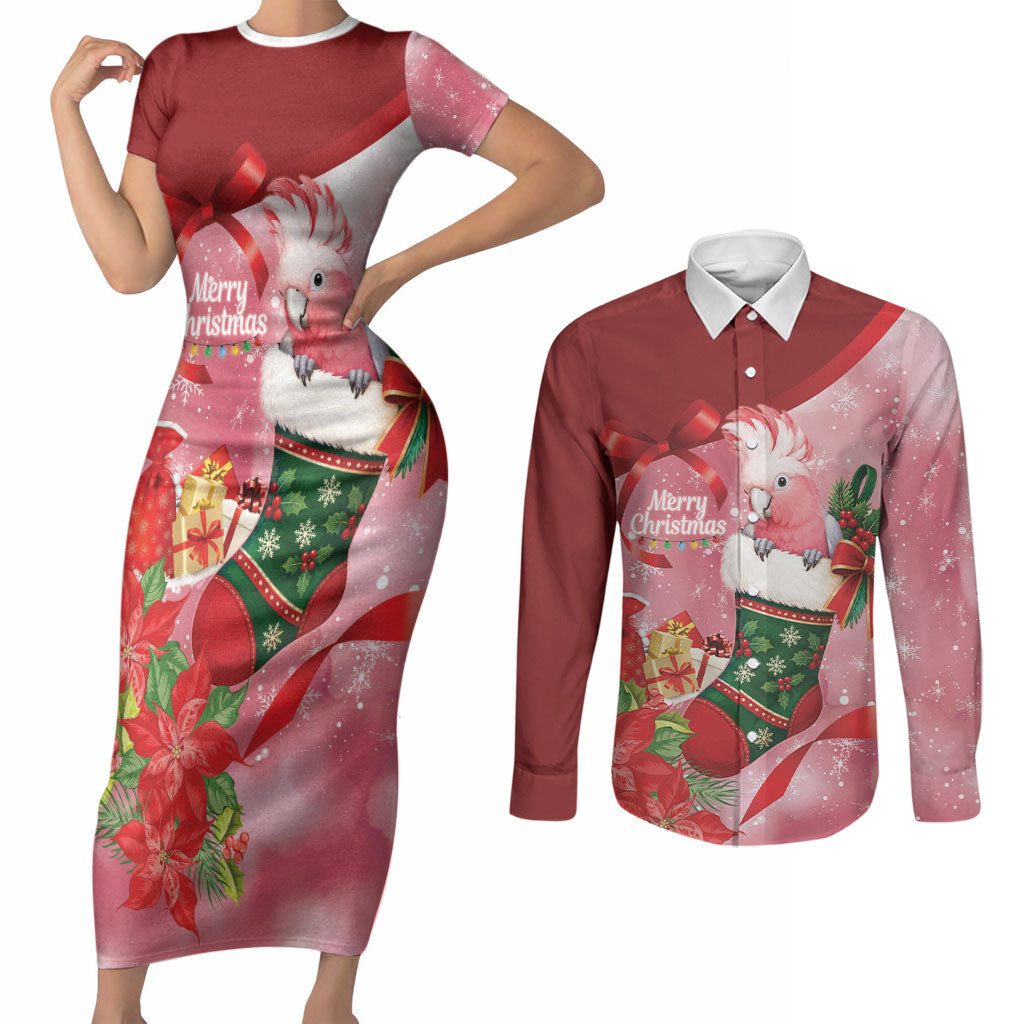 Pink Galah Cockatoo Christmas Australia Couples Matching Short Sleeve Bodycon Dress and Long Sleeve Button Shirt Aussie Xmas Sock Coquette Bow