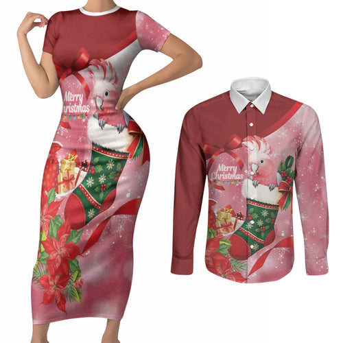 Pink Galah Cockatoo Christmas Australia Couples Matching Short Sleeve Bodycon Dress and Long Sleeve Button Shirt Aussie Xmas Sock Coquette Bow