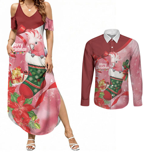 Pink Galah Cockatoo Christmas Australia Couples Matching Summer Maxi Dress and Long Sleeve Button Shirt Aussie Xmas Sock Coquette Bow