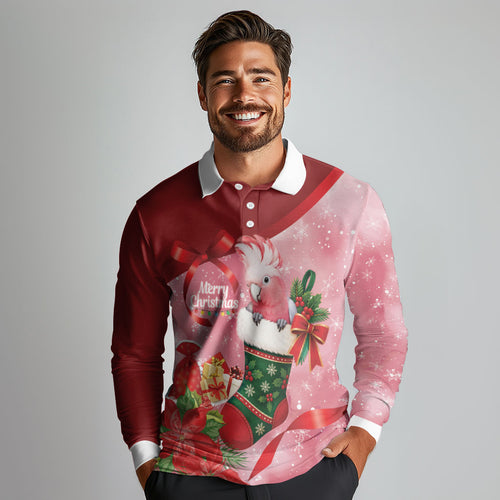 Pink Galah Cockatoo Christmas Australia Long Sleeve Polo Shirt Aussie Xmas Sock Coquette Bow