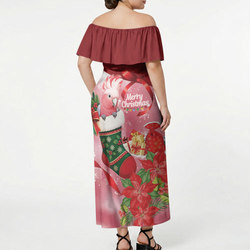 Pink Galah Cockatoo Christmas Australia Off Shoulder Maxi Dress Aussie Xmas Sock Coquette Bow