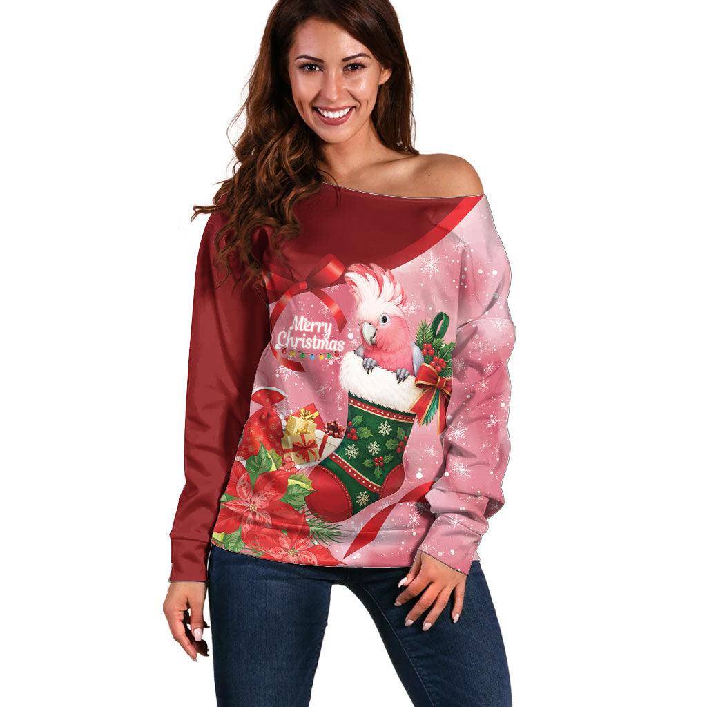 Pink Galah Cockatoo Christmas Australia Off Shoulder Sweater Aussie Xmas Sock Coquette Bow