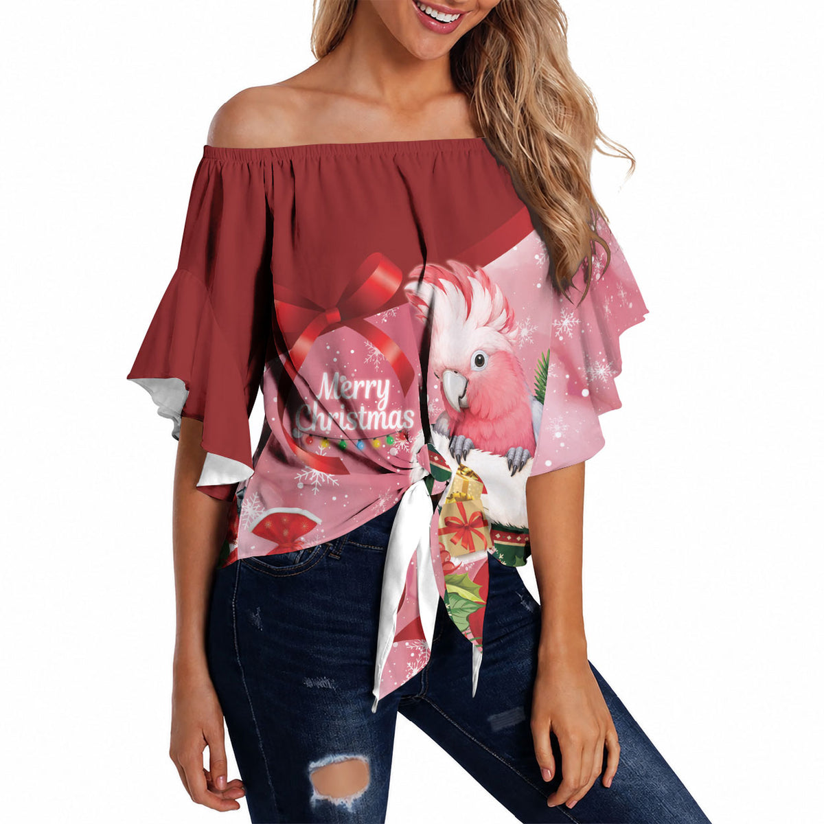 Pink Galah Cockatoo Christmas Australia Off Shoulder Wrap Waist Top Aussie Xmas Sock Coquette Bow