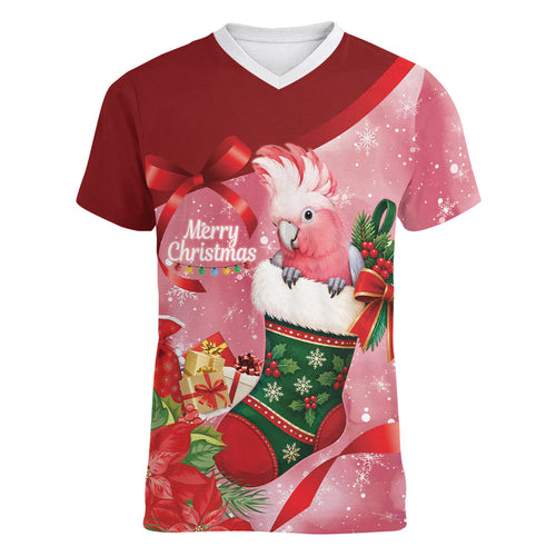Pink Galah Cockatoo Christmas Australia Women V-Neck T-Shirt Aussie Xmas Sock Coquette Bow