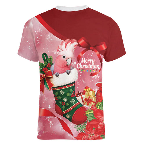 Pink Galah Cockatoo Christmas Australia Women V-Neck T-Shirt Aussie Xmas Sock Coquette Bow