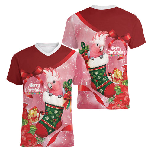 Pink Galah Cockatoo Christmas Australia Women V-Neck T-Shirt Aussie Xmas Sock Coquette Bow