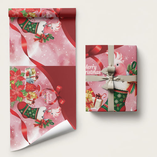 Pink Galah Cockatoo Christmas Australia Wrapping Paper Aussie Xmas Sock Coquette Bow