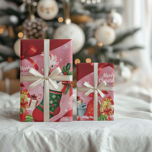 Pink Galah Cockatoo Christmas Australia Wrapping Paper Aussie Xmas Sock Coquette Bow