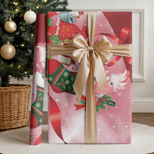 Pink Galah Cockatoo Christmas Australia Wrapping Paper Aussie Xmas Sock Coquette Bow
