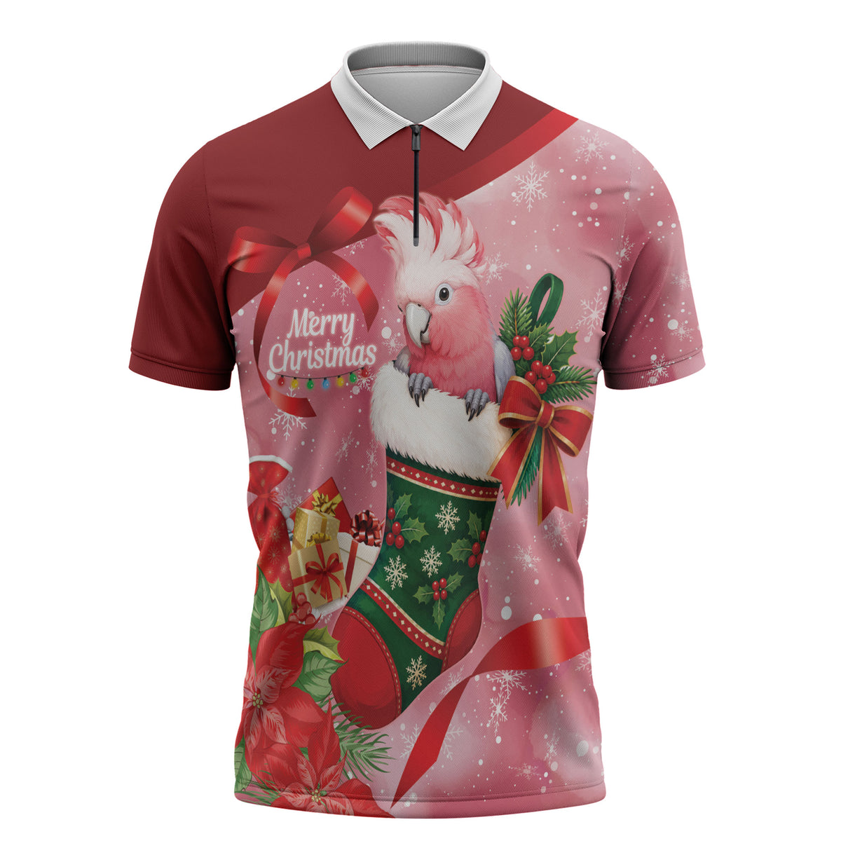 Pink Galah Cockatoo Christmas Australia Zipper Polo Shirt Aussie Xmas Sock Coquette Bow