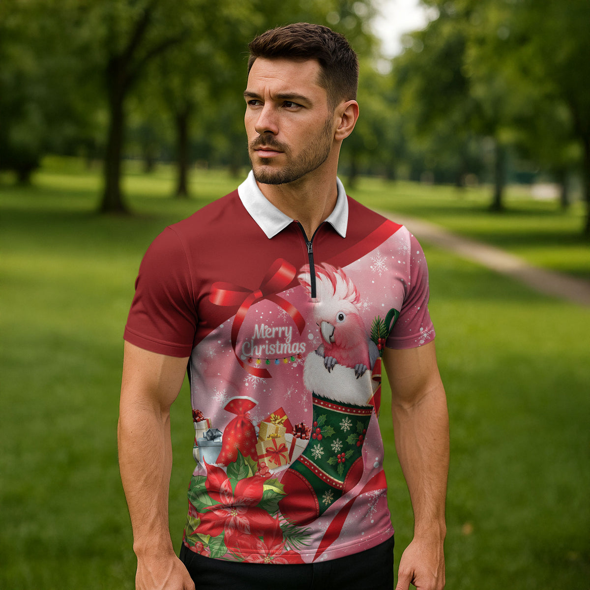 Pink Galah Cockatoo Christmas Australia Zipper Polo Shirt Aussie Xmas Sock Coquette Bow
