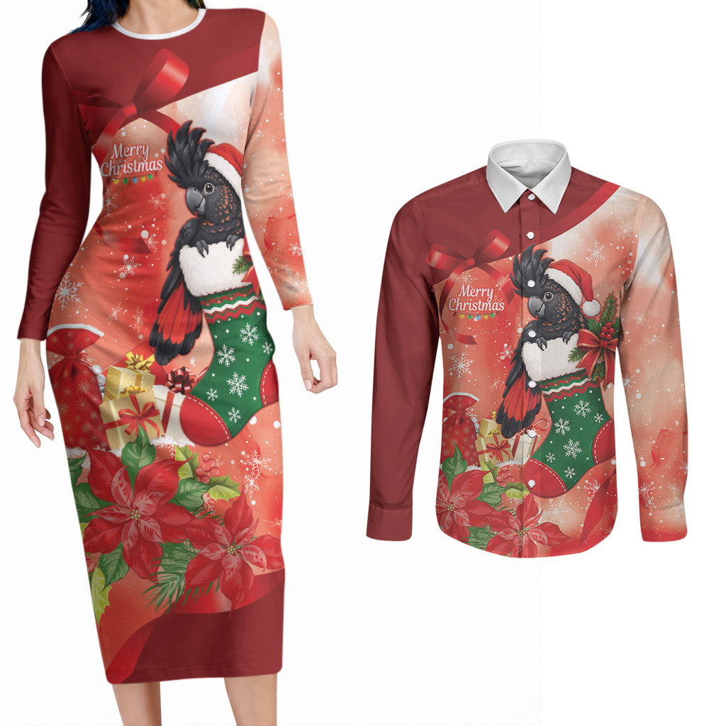 Black Cockatoo Christmas Australia Couples Matching Long Sleeve Bodycon Dress and Long Sleeve Button Shirt Aussie Xmas Sock Coquette Bow