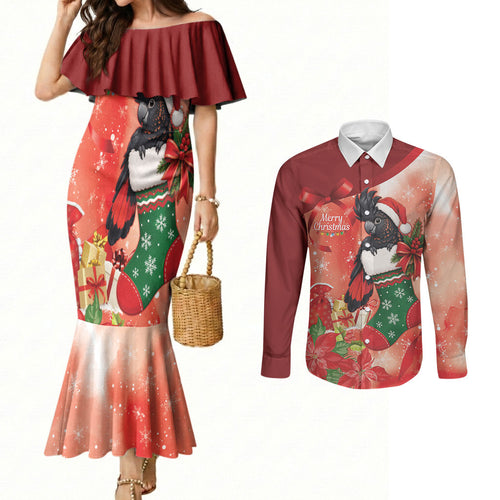 Black Cockatoo Christmas Australia Couples Matching Mermaid Dress and Long Sleeve Button Shirt Aussie Xmas Sock Coquette Bow