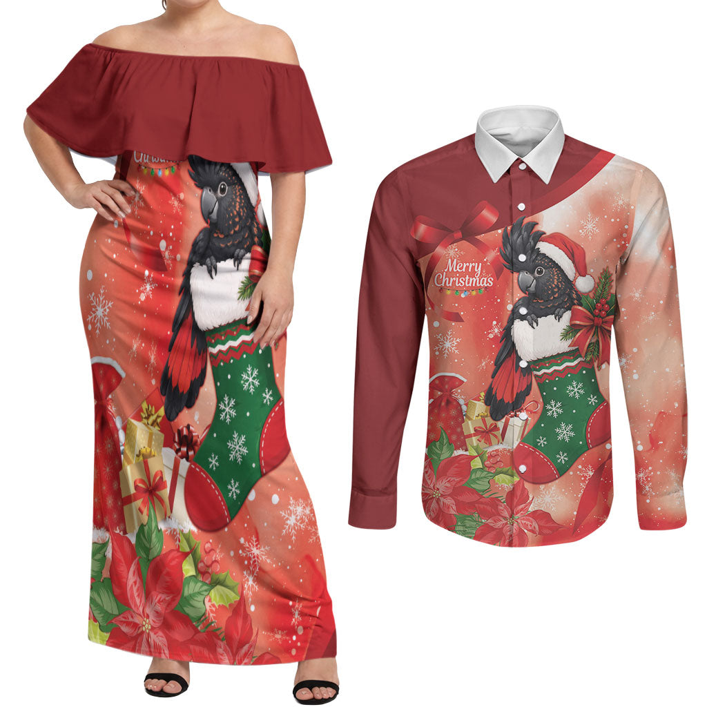 Black Cockatoo Christmas Australia Couples Matching Off Shoulder Maxi Dress and Long Sleeve Button Shirt Aussie Xmas Sock Coquette Bow