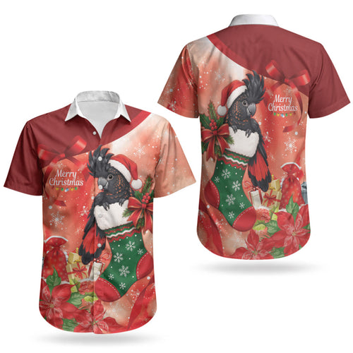 Black Cockatoo Christmas Australia Couples Matching Off Shoulder Short Dress and Hawaiian Shirt Aussie Xmas Sock Coquette Bow