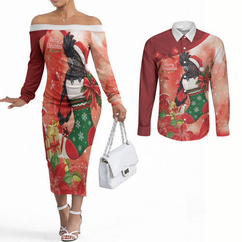Black Cockatoo Christmas Australia Couples Matching Off The Shoulder Long Sleeve Dress and Long Sleeve Button Shirt Aussie Xmas Sock Coquette Bow