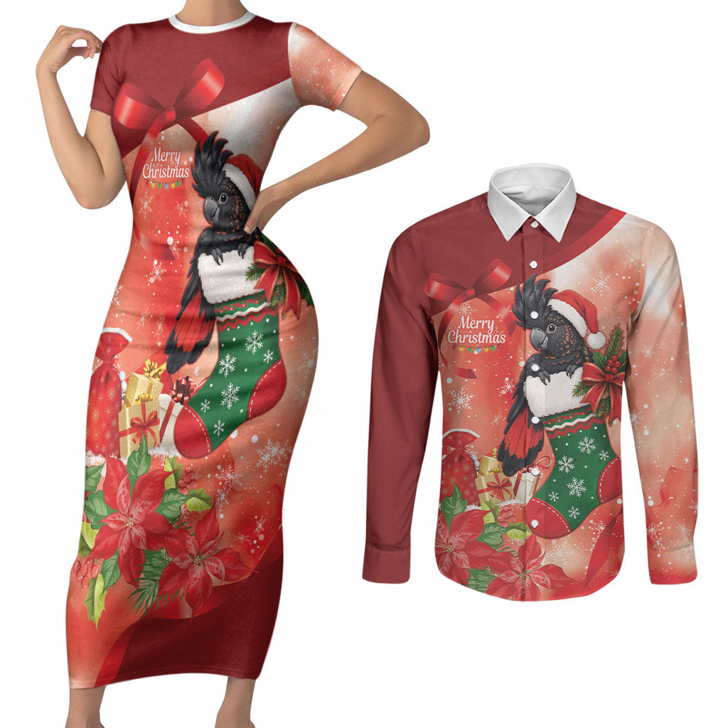 Black Cockatoo Christmas Australia Couples Matching Short Sleeve Bodycon Dress and Long Sleeve Button Shirt Aussie Xmas Sock Coquette Bow