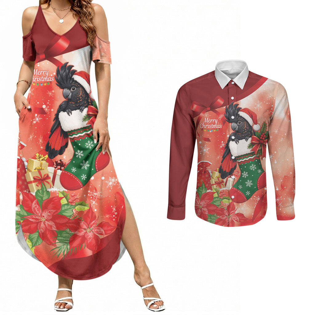 Black Cockatoo Christmas Australia Couples Matching Summer Maxi Dress and Long Sleeve Button Shirt Aussie Xmas Sock Coquette Bow