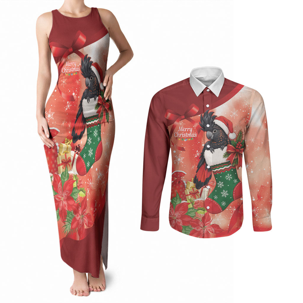 Black Cockatoo Christmas Australia Couples Matching Tank Maxi Dress and Long Sleeve Button Shirt Aussie Xmas Sock Coquette Bow