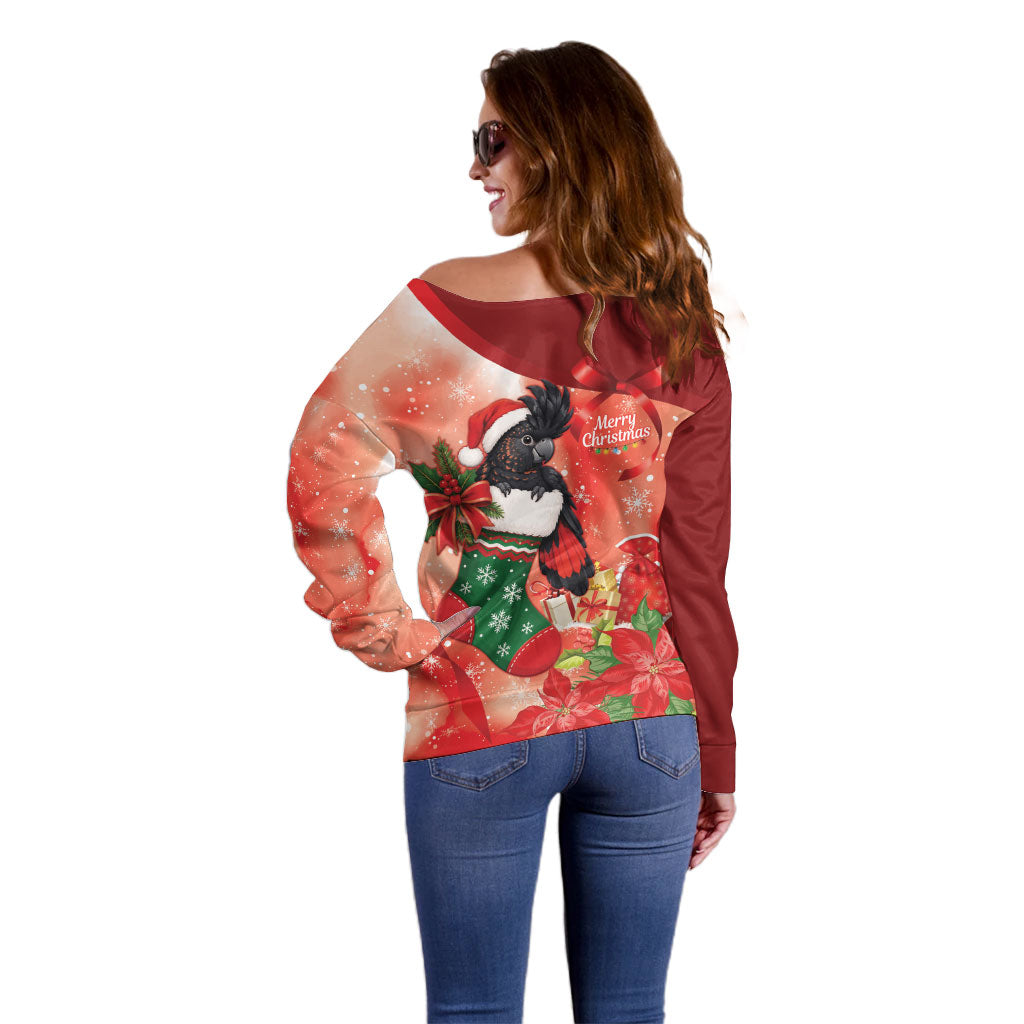Black Cockatoo Christmas Australia Off Shoulder Sweater Aussie Xmas Sock Coquette Bow