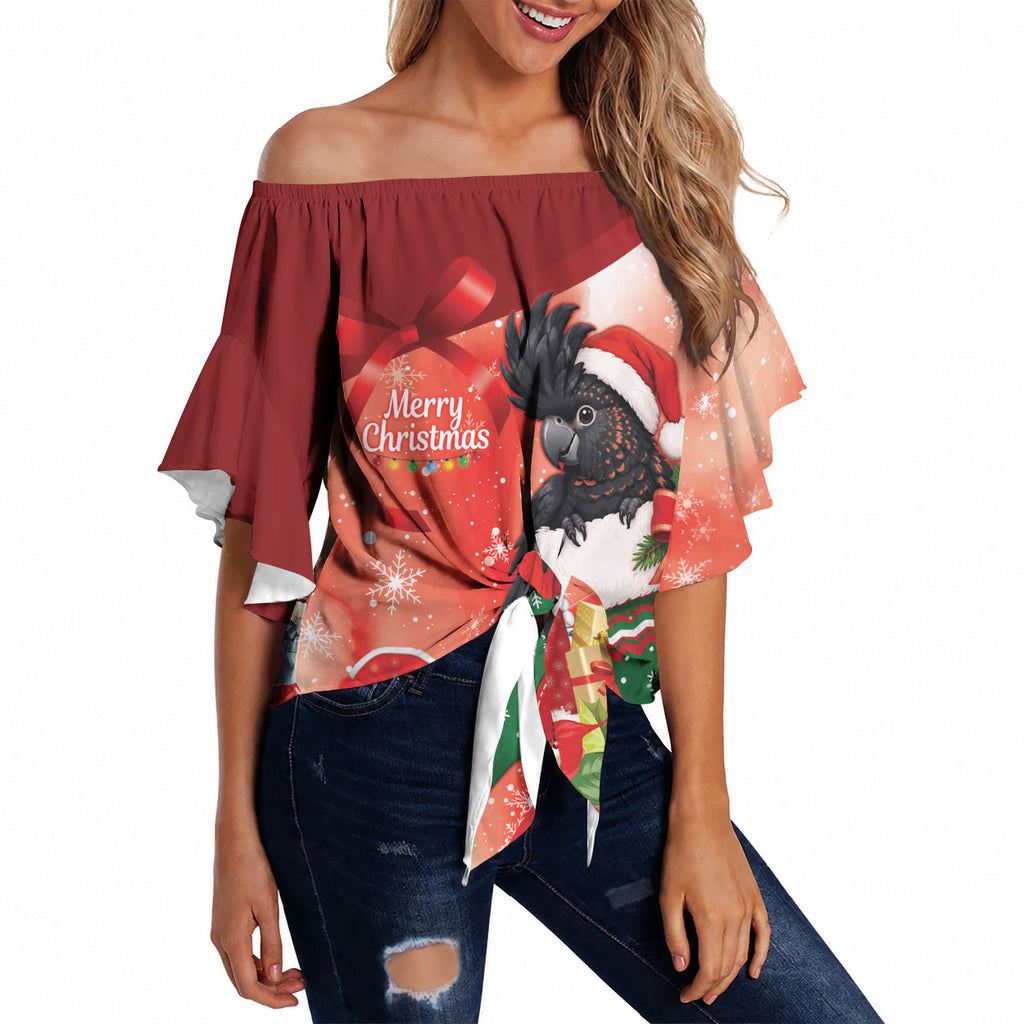 Black Cockatoo Christmas Australia Off Shoulder Wrap Waist Top Aussie Xmas Sock Coquette Bow