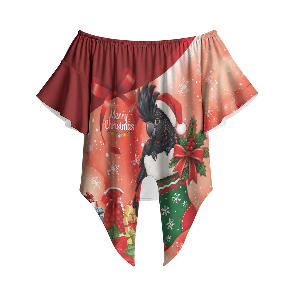 Black Cockatoo Christmas Australia Off Shoulder Wrap Waist Top Aussie Xmas Sock Coquette Bow