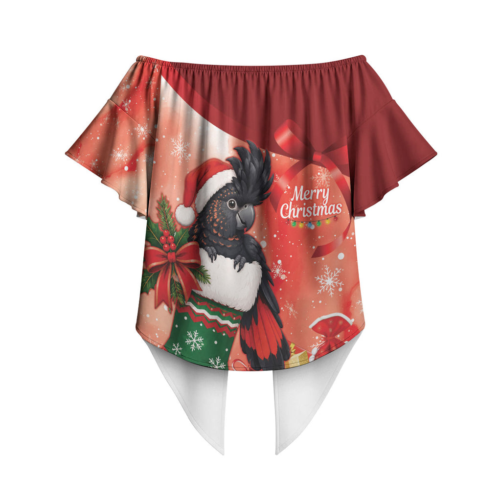 Black Cockatoo Christmas Australia Off Shoulder Wrap Waist Top Aussie Xmas Sock Coquette Bow