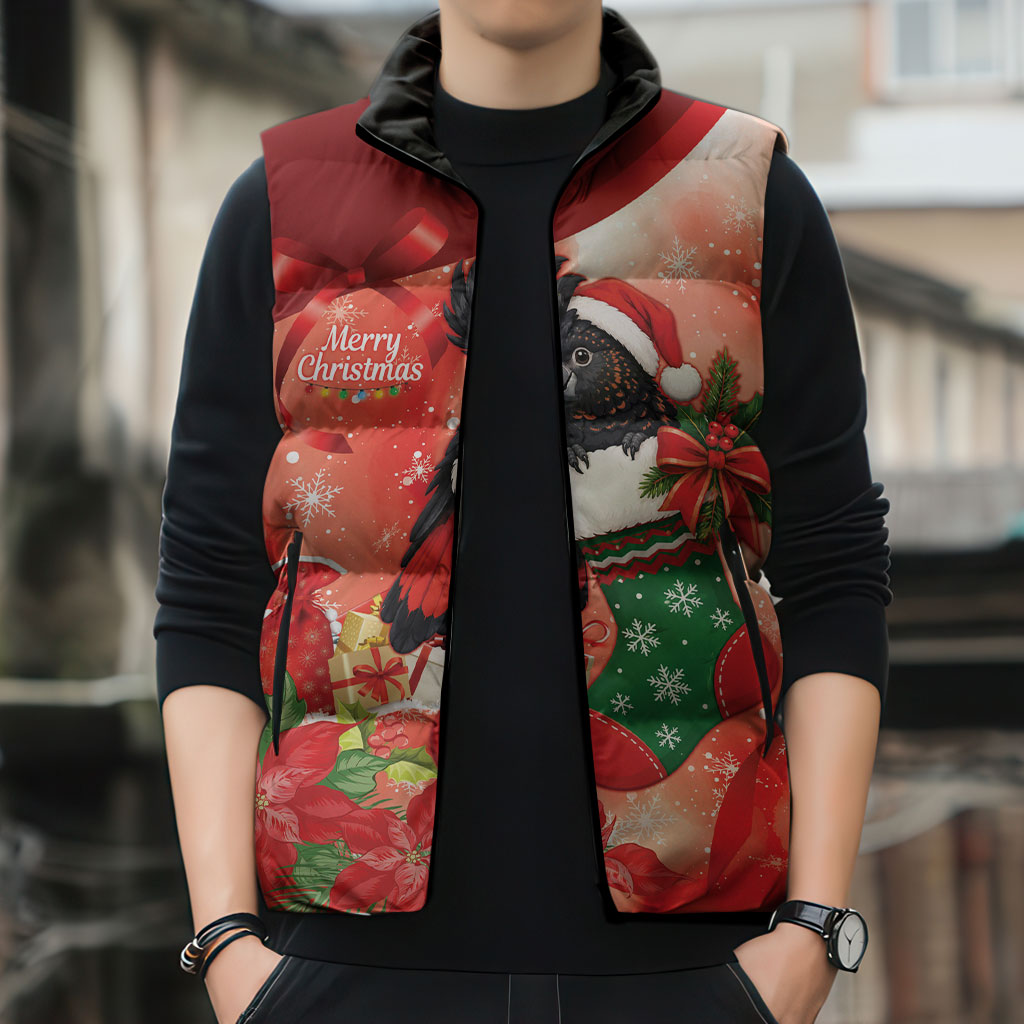 Black Cockatoo Christmas Australia Sleeveless Puffer Jacket Aussie Xmas Sock Coquette Bow