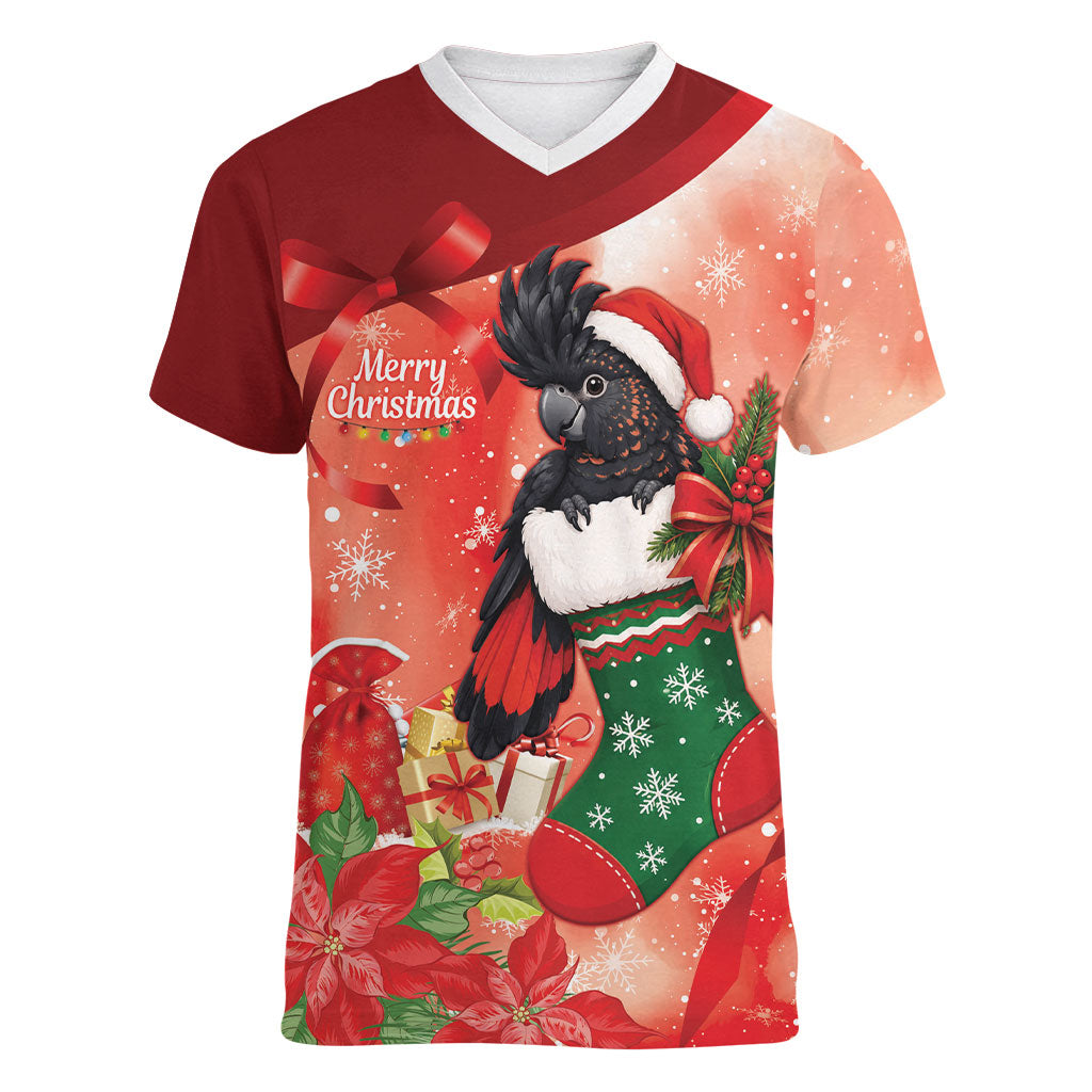 Black Cockatoo Christmas Australia Women V-Neck T-Shirt Aussie Xmas Sock Coquette Bow