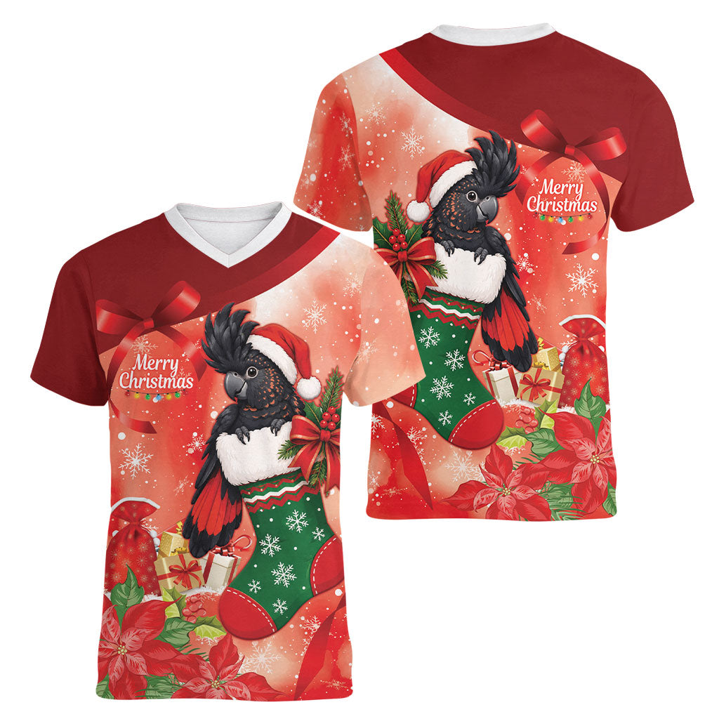 Black Cockatoo Christmas Australia Women V-Neck T-Shirt Aussie Xmas Sock Coquette Bow