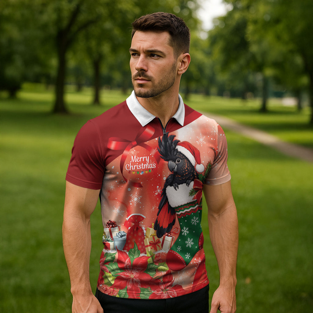 Black Cockatoo Christmas Australia Zipper Polo Shirt Aussie Xmas Sock Coquette Bow