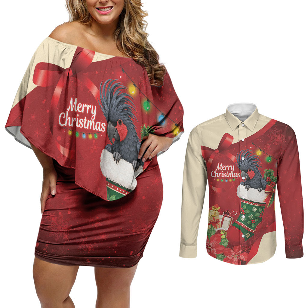 Palm Cockatoo Christmas Australia Couples Matching Off Shoulder Short Dress and Long Sleeve Button Shirt Aussie Xmas Sock Coquette Bow