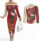 Palm Cockatoo Christmas Australia Couples Matching Off The Shoulder Long Sleeve Dress and Long Sleeve Button Shirt Aussie Xmas Sock Coquette Bow