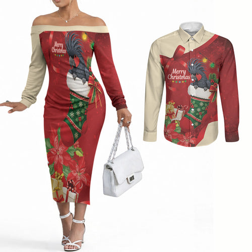 Palm Cockatoo Christmas Australia Couples Matching Off The Shoulder Long Sleeve Dress and Long Sleeve Button Shirt Aussie Xmas Sock Coquette Bow