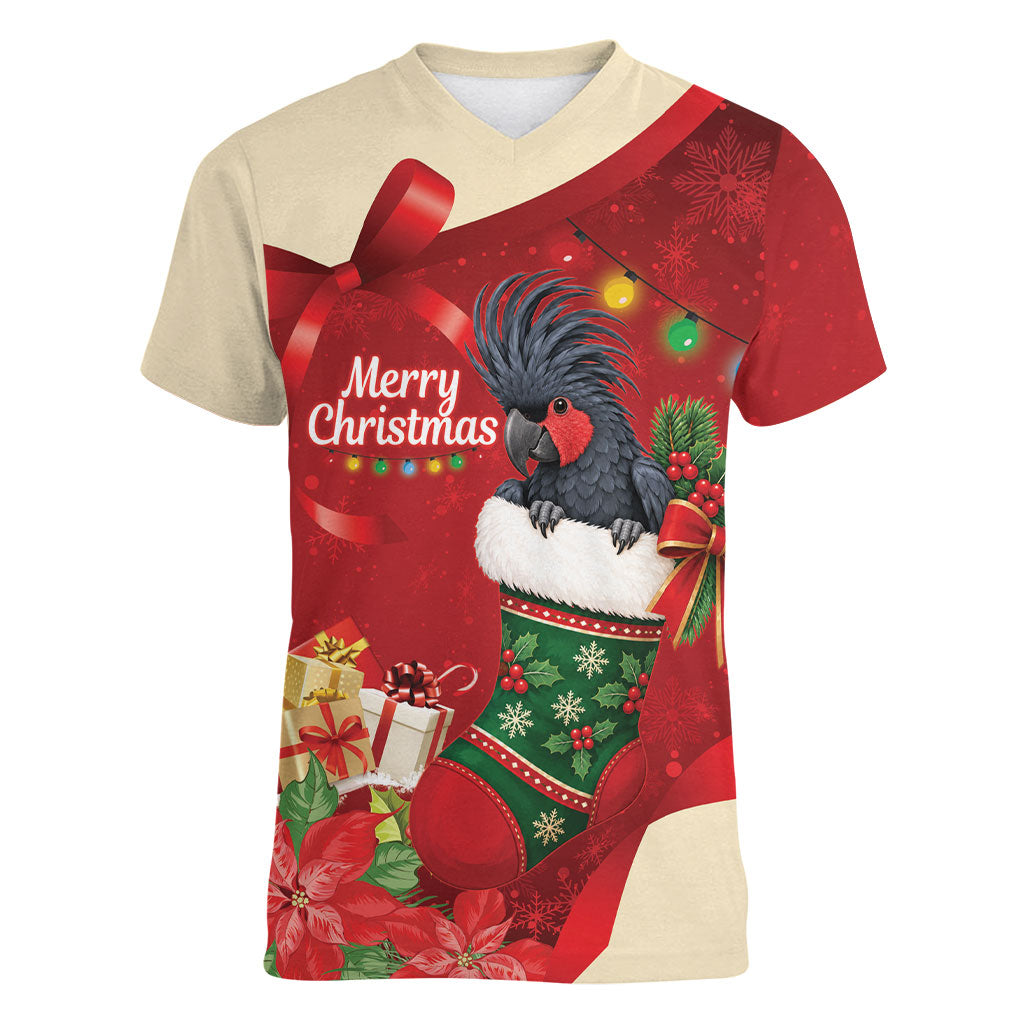 Palm Cockatoo Christmas Australia Women V-Neck T-Shirt Aussie Xmas Sock Coquette Bow