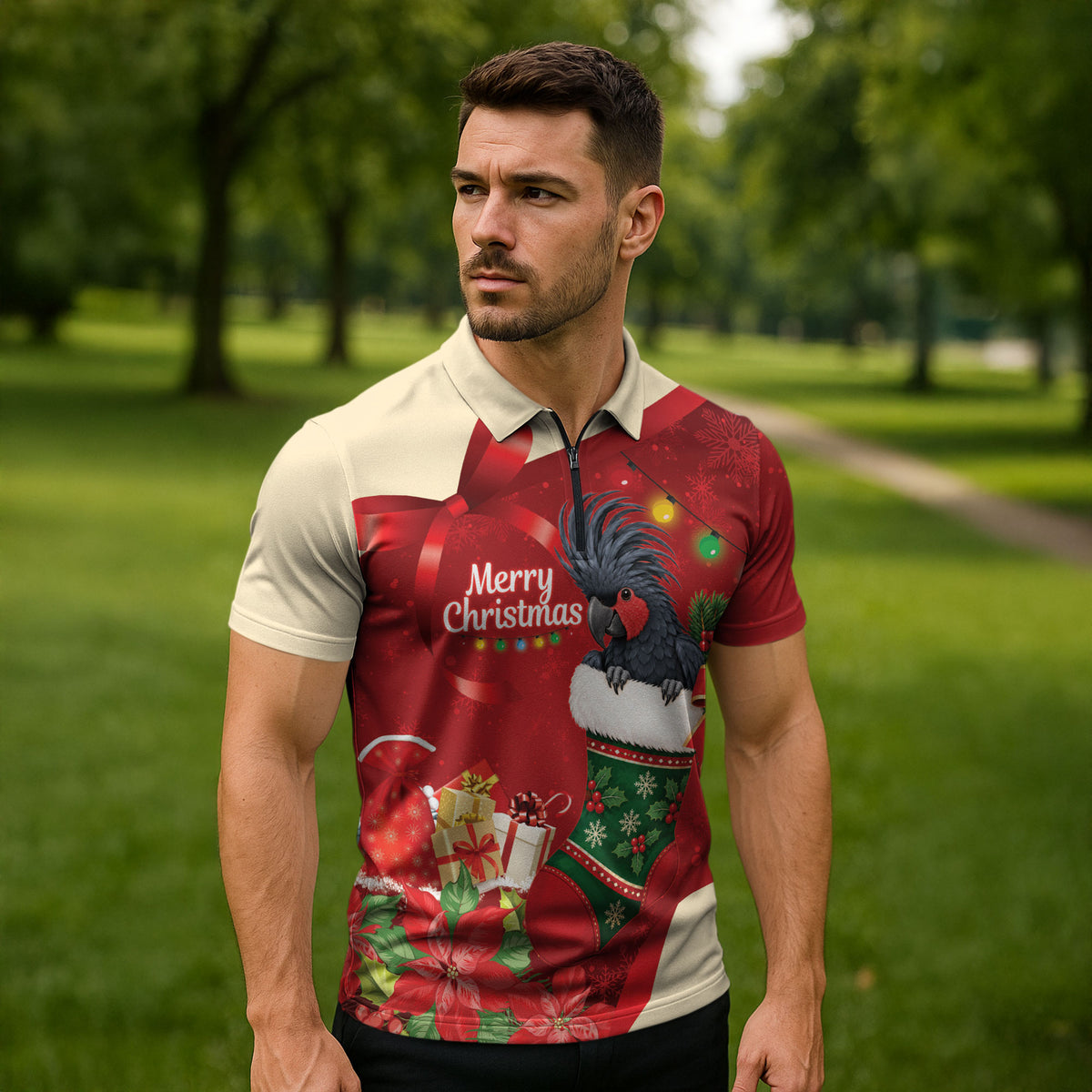 Palm Cockatoo Christmas Australia Zipper Polo Shirt Aussie Xmas Sock Coquette Bow